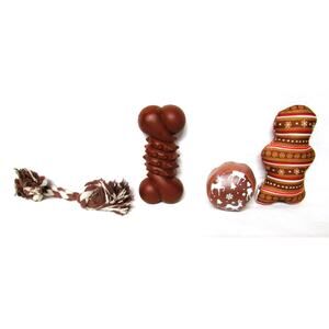 Dog Toys, Set of Four, Brown Plastic Bone, Rope, Ball, Squeaky